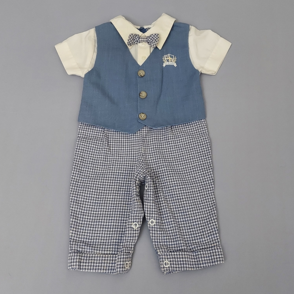 Vintage Baby Formal Outfit Size 6-9 Months Blue and White One Piece w/ Bow Tie